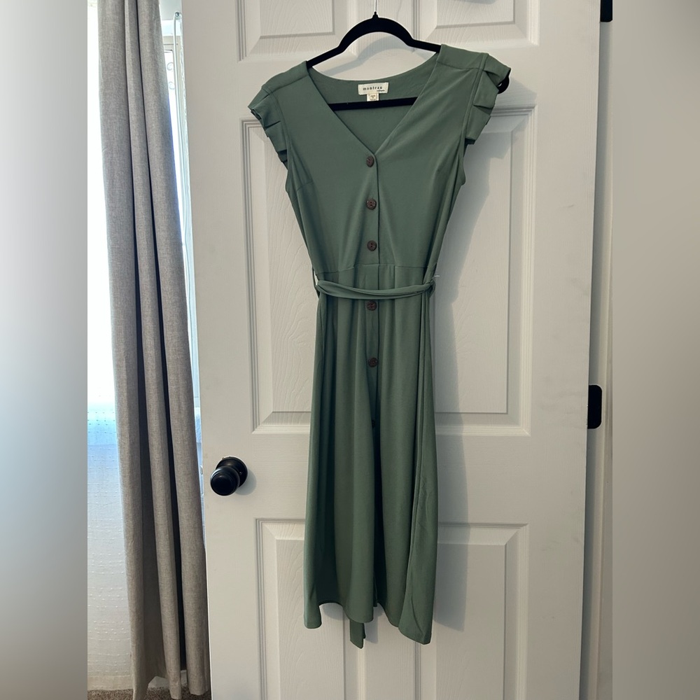 Monteau Ruffle Sleeve Sage Dress